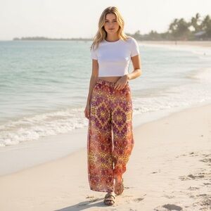 Bisou Bisou Wide Leg Sheer Breezy Multicolor Draw String Pockets Pants Womens XL